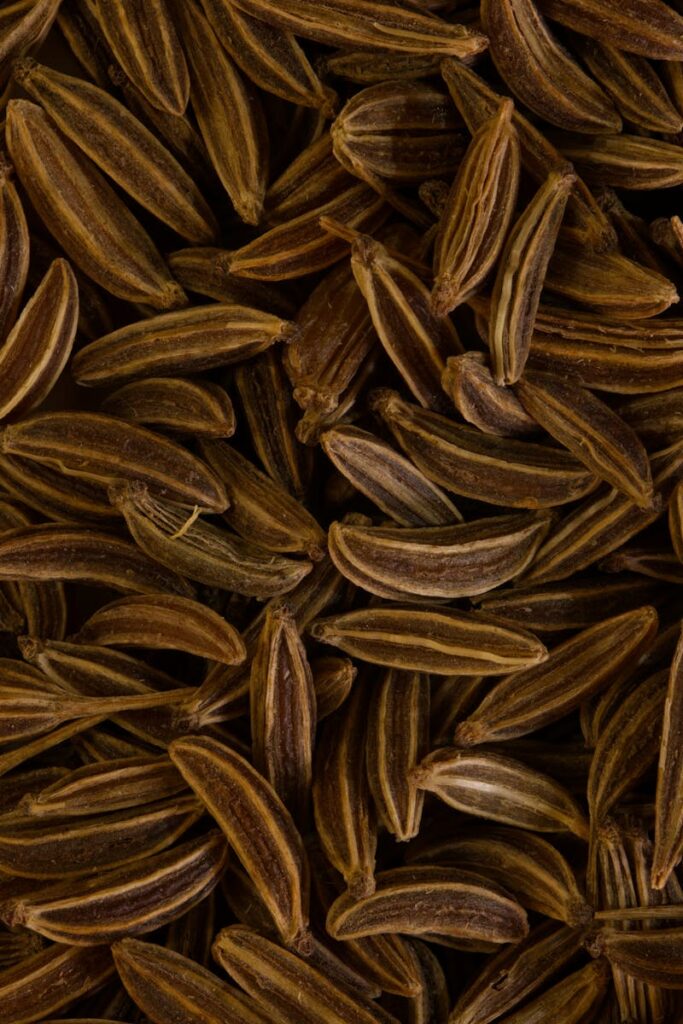Detailed close-up of brown caraway seeds, ideal for spice and culinary themes. Perfect for food-related content.