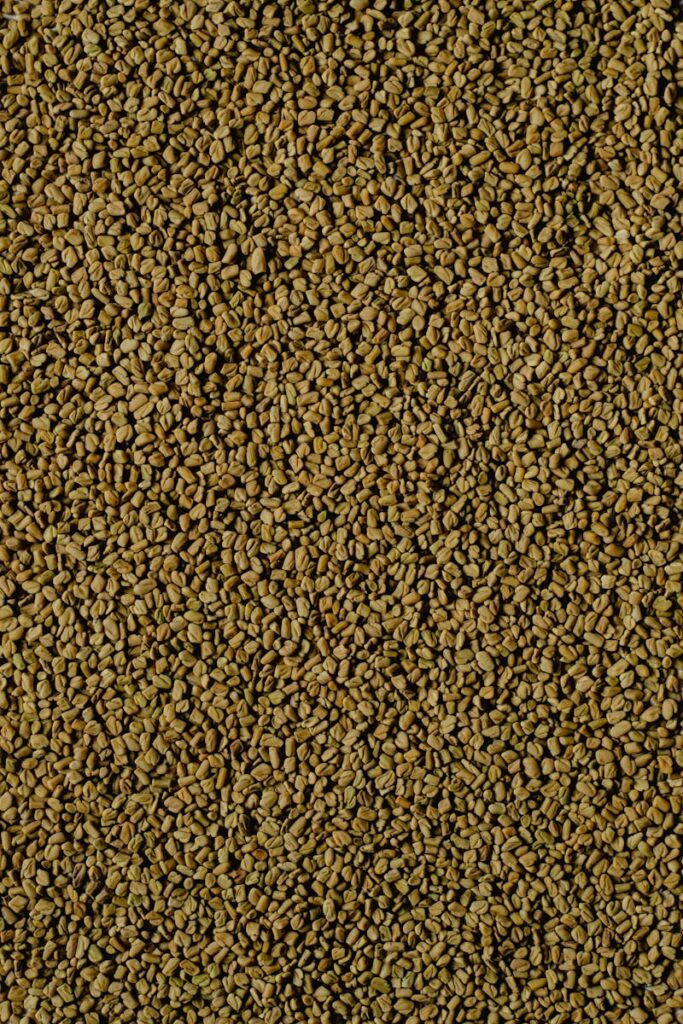 Detailed view of golden brown fenugreek seeds depicting natural texture.